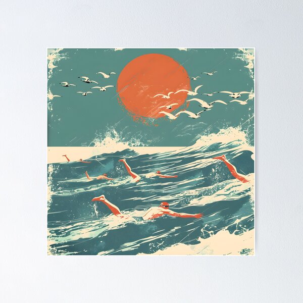 Item preview, Swimmers  waves and seagulls retro sunset   designed and sold by Wildflow Creations.