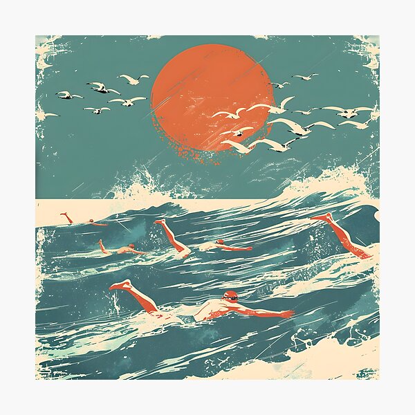 Item preview, Swimmers  waves and seagulls retro sunset   designed and sold by Wildflow Creations.