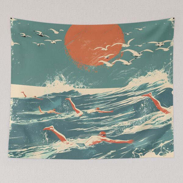 Item preview, Swimmers  waves and seagulls retro sunset   designed and sold by Wildflow Creations.