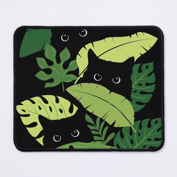 Vista previa del artículo con la obra «Gatos negros asomando desde hojas tropicales florales», diseñado y vendido por nameonshirt.