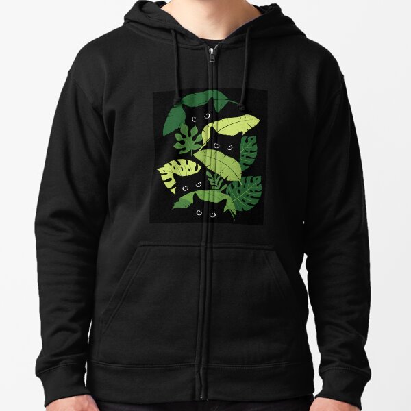 Vista previa del artículo con la obra «Gatos negros asomando desde hojas tropicales florales», diseñado y vendido por nameonshirt.