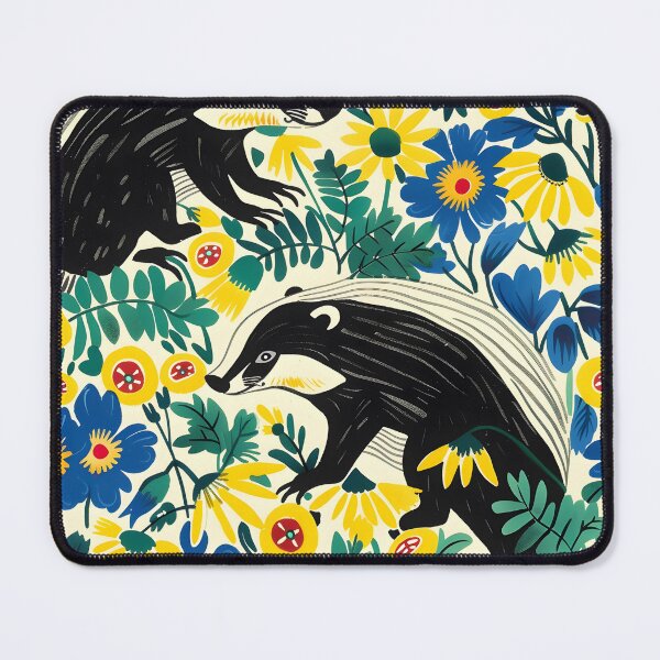 Item preview, Badgers in yellow and blue flowers - contemporary pattern designed and sold by Folksy Living.