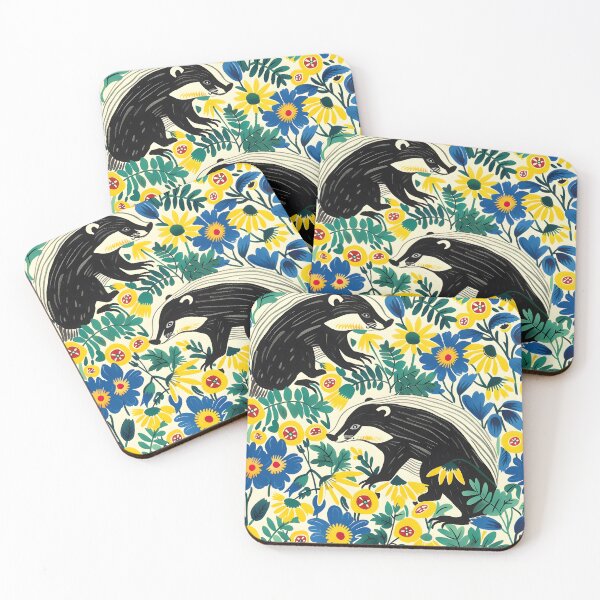 Item preview, Badgers in yellow and blue flowers - contemporary pattern designed and sold by Folksy Living.