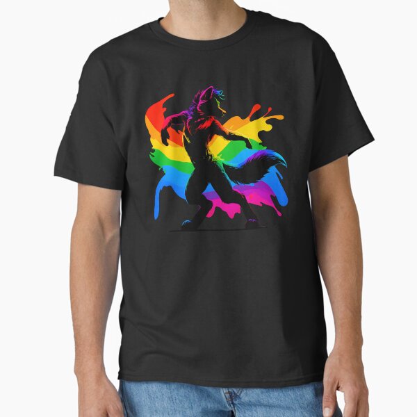 Aperçu de l'œuvre Raving Rainbow LGBTQ Furry Pride Loup Fursona créée et vendue par BlueBullBazaar.