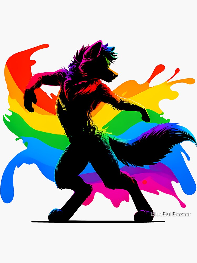 Thumbnail 3 of 3, Sticker, Raving Rainbow LGBTQ Furry Pride Wolf Fursona designed and sold by BlueBullBazaar.