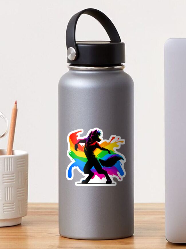 Thumbnail 1 of 3, Sticker, Raving Rainbow LGBTQ Furry Pride Wolf Fursona designed and sold by BlueBullBazaar.