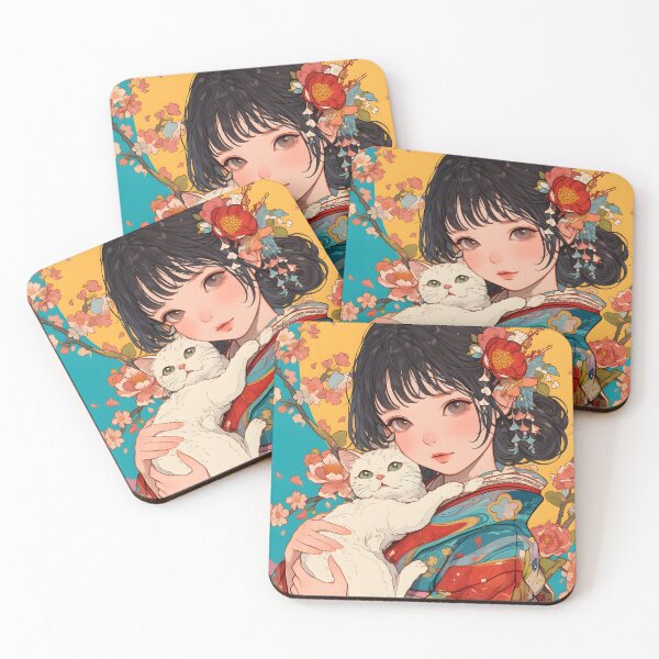 Item preview, Girl in Kimono with White Cat designed and sold by YUI Works.