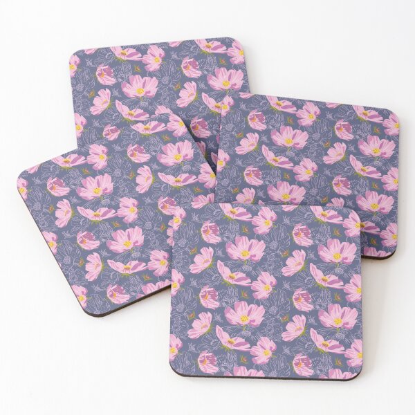Item preview, Pink cosmic flowers blooming on a blue background. Pattern designed and sold by Deepness2023.