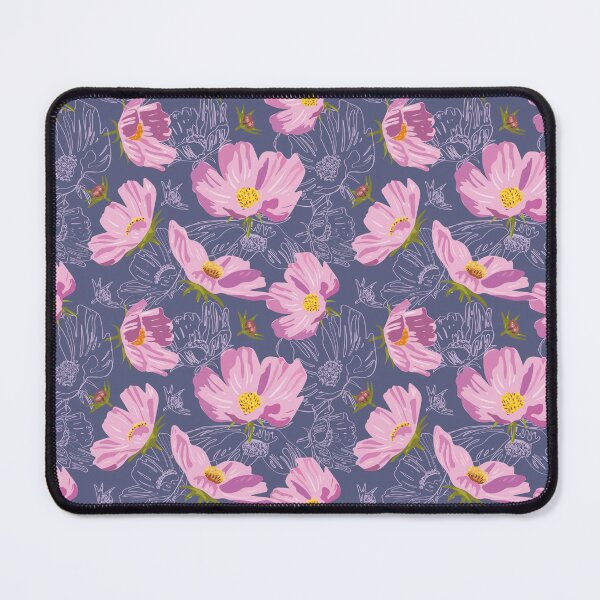 Item preview, Pink cosmic flowers blooming on a blue background. Pattern designed and sold by Deepness2023.