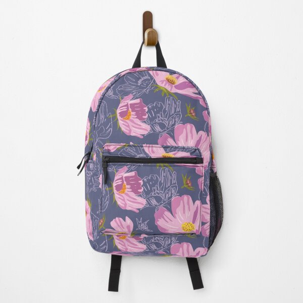 Item preview, Pink cosmic flowers blooming on a blue background. Pattern designed and sold by Deepness2023.