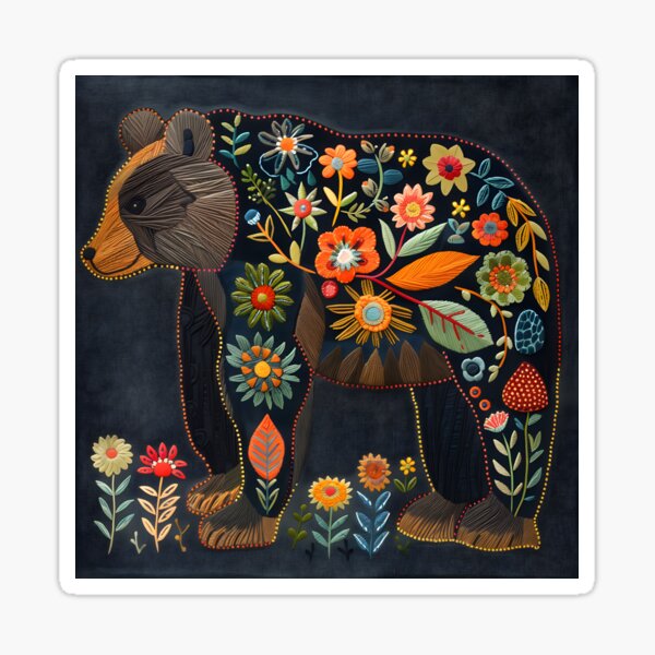 Item preview, Folk bear embroidery with flowers  designed and sold by Folksy Living.
