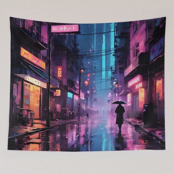 Item preview, Cyberpunk Night: Lone Figure Under Neon Glow designed and sold by ByteyCreatives.