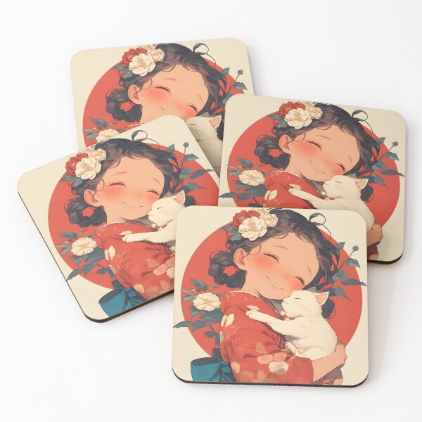 Item preview, Girl in Red Kimono with White Cat designed and sold by YUI Works.