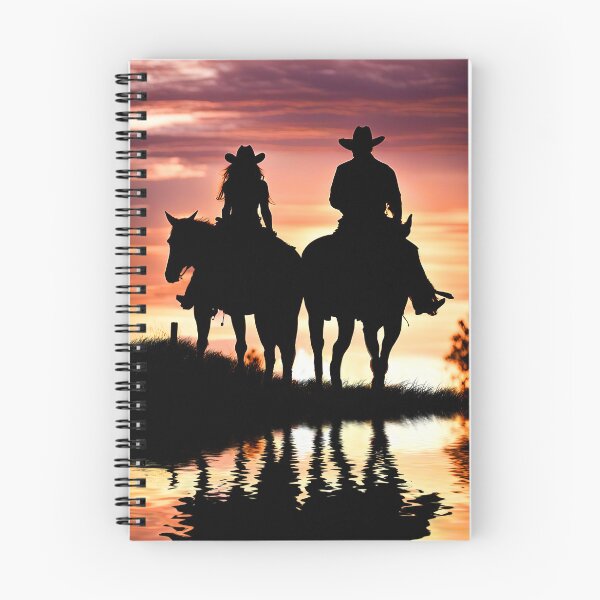 Artikelvorschau, Country Western Cowgirl und Cowboy reiten in den Sonnenuntergang entworfen und verkauft von Stephanie Laird.