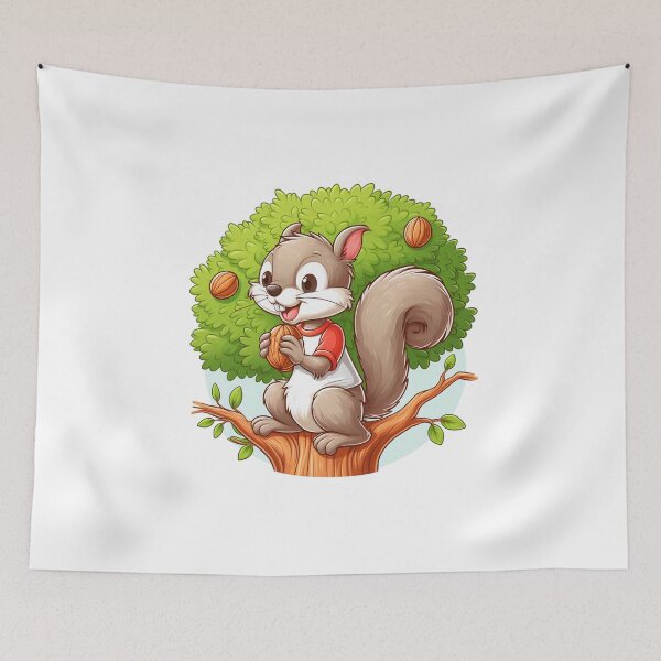 Item preview, cartoon of a squirrel wearing a t-shirt eating nuts on a tree designed and sold by MzulhilmiZam.