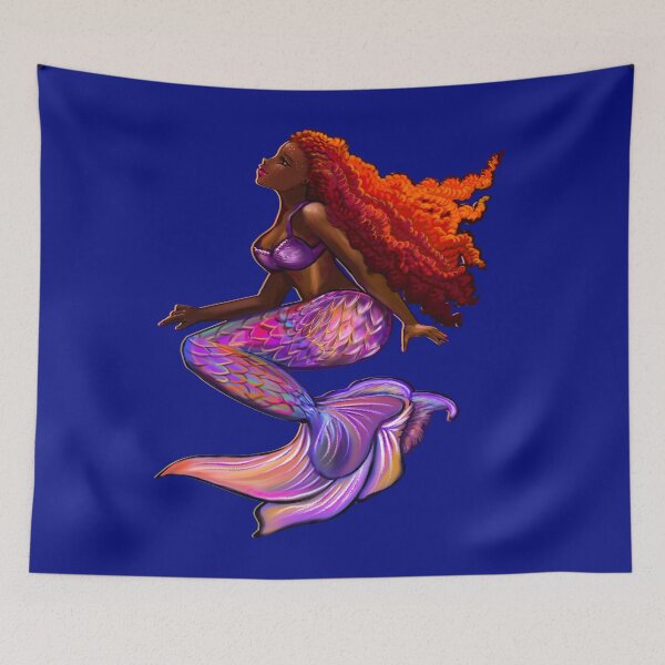 Item preview, Mermaid underwater with flowing red Afro hair, brown skin African American mermaids designed and sold by Artonmytee.