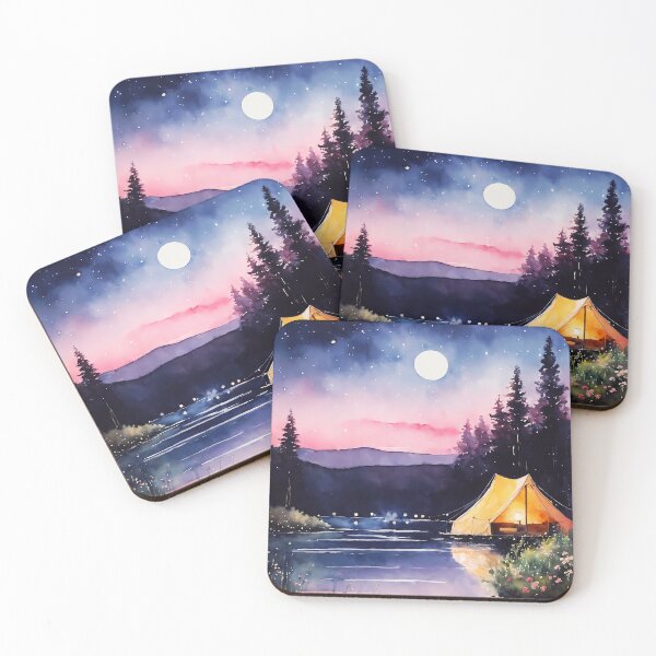 Item preview, watercolor camping beneath the nighttime sky.  designed and sold by soulfulpalette.
