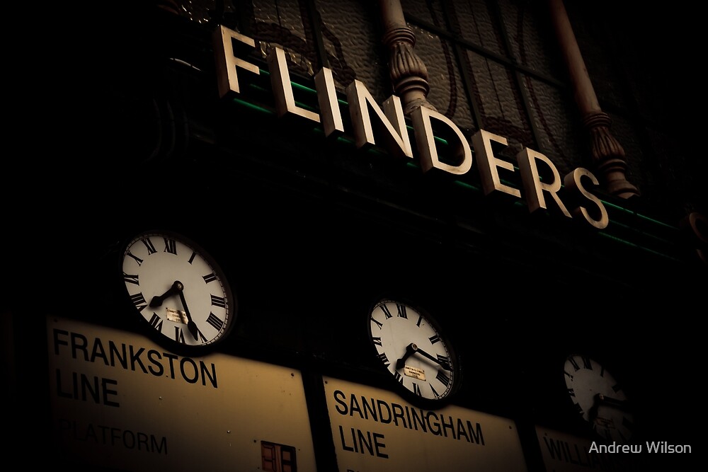 "Flinders st station clocks" by Andrew Wilson Redbubble