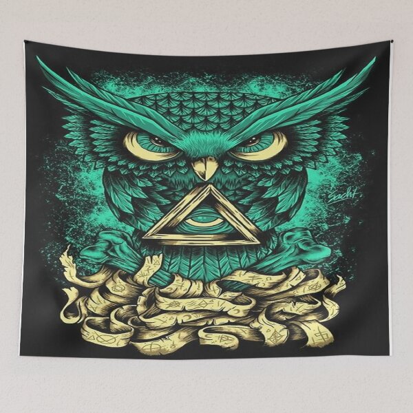 Item preview, Green and gold all seeing owl designed and sold by leen12 Art Designs Prints.