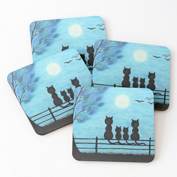 Item preview, Four Cats Silhouette Tree Moon Birds, Twin Kittens designed and sold by ClaudinesArt.