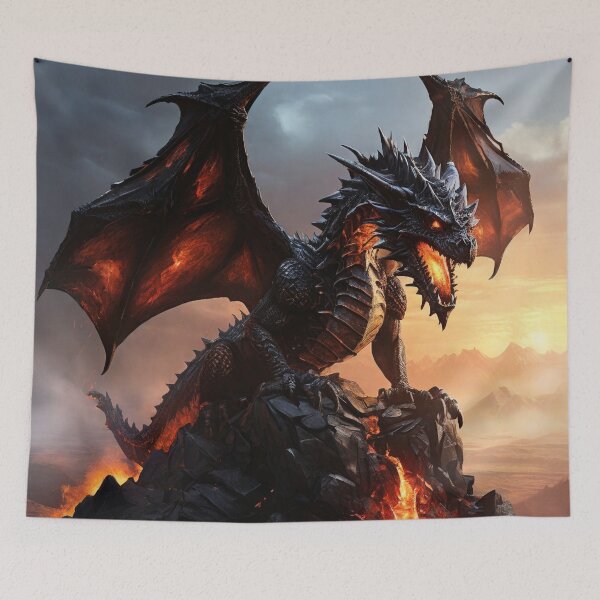Item preview, Obsidian Sentinel: Fire Dragon Overlooking the Desert designed and sold by MysticFable.