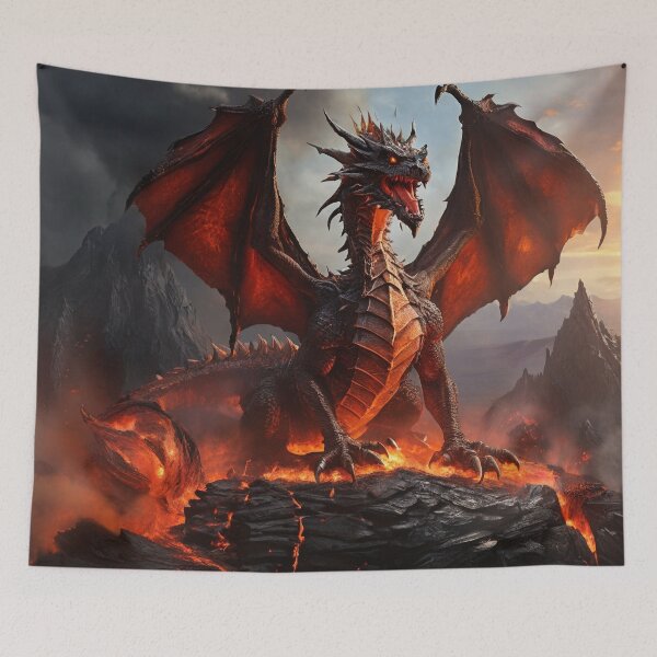 Item preview, Inferno's Flight: Fire Dragon Soaring Over Volcanic Peaks designed and sold by MysticFable.