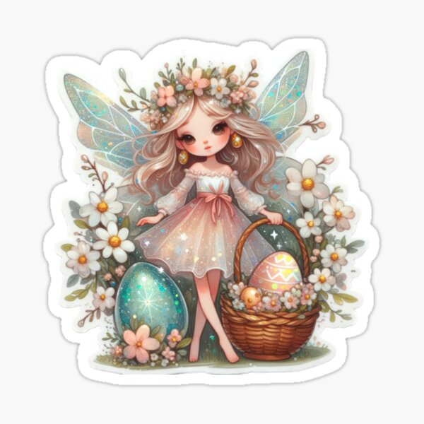 Item preview, fairy with an easter basket Easter cute sticker designed and sold by Expressions-Sel.