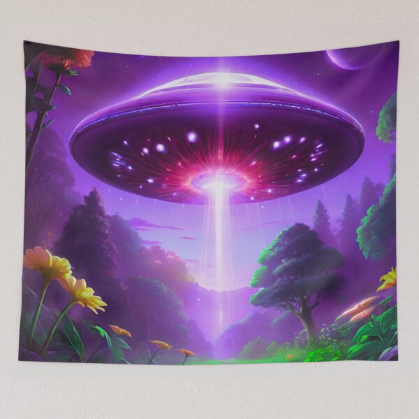Item preview, Enigmatic Encounter: Purple UFO Illuminating the Night Forest designed and sold by GrizzlyCollective.