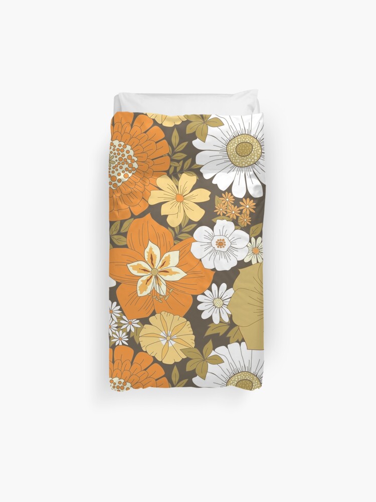 Orange Brown And Yellow Vintage Flower Pattern Duvet Cover By