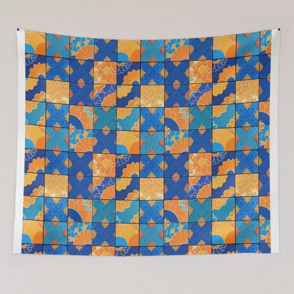 Item preview, Azulejos watercolor tiles blue orange designed and sold by Alessandro Remo Mazzoni Remotextiles.