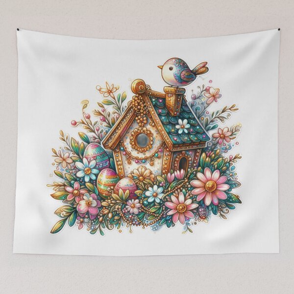 Item preview, birdhouse with bird and flowers Easter cute sticker designed and sold by Expressions-Sel.