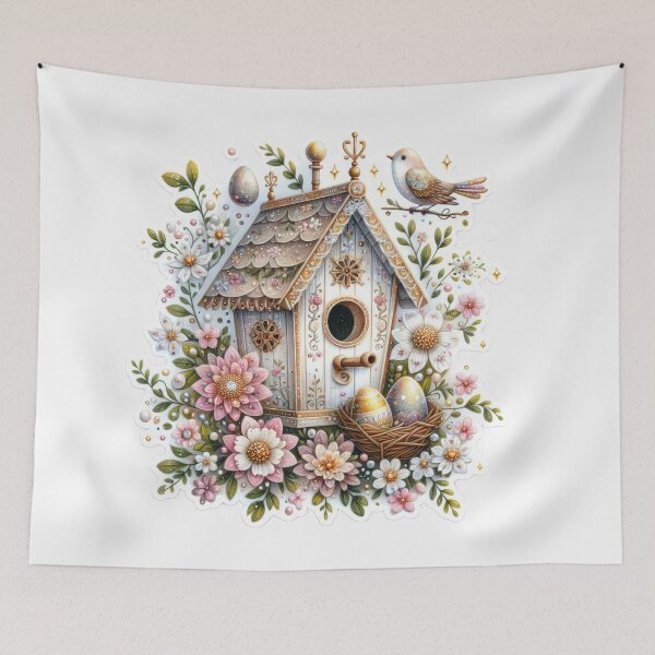 Item preview, white birdhouse with flowers Easter cute sticker designed and sold by Expressions-Sel.