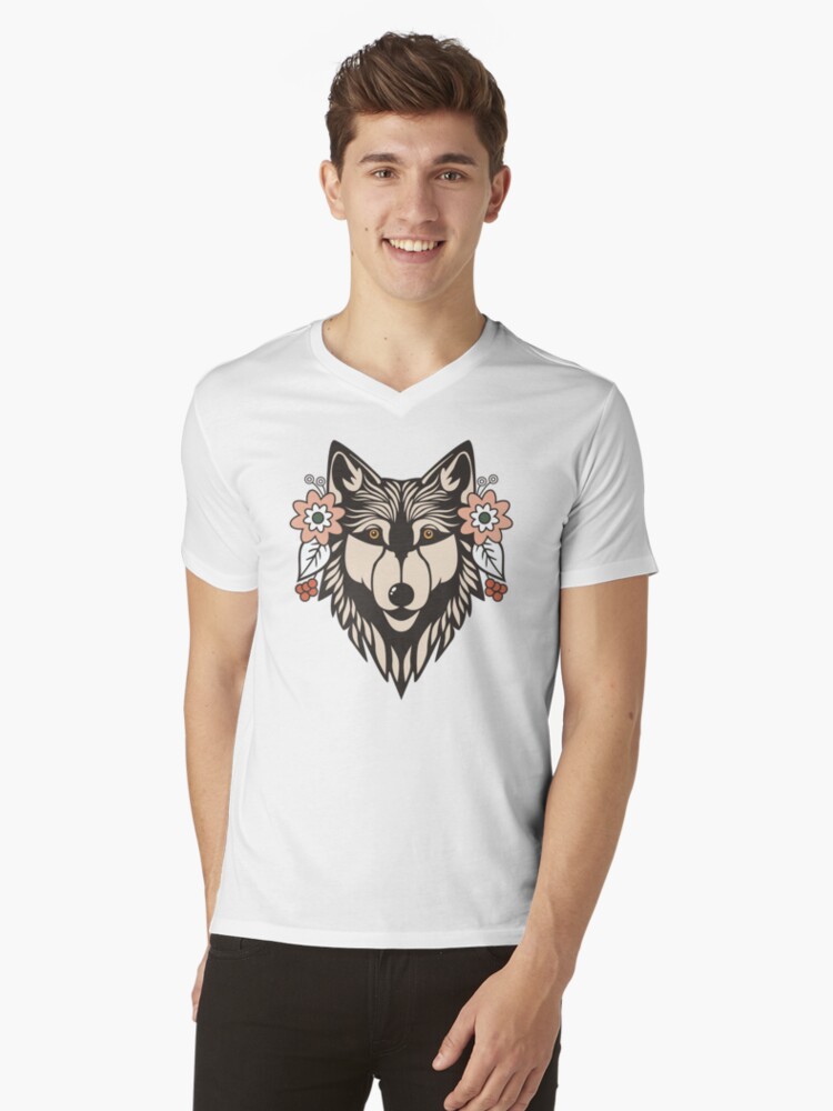 Thumbnail 1 of 3, V-Neck T-Shirt, Floral Wolf Motif designed and sold by JOliverDesigns.