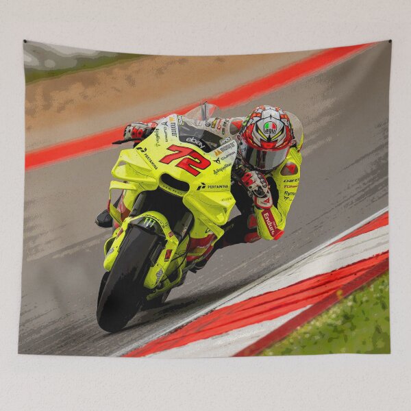 Item preview, Marco Bezzecchi racing through the corners on his 2024 MotoGP motorcycle abstract designed and sold by Rodissimus1984.