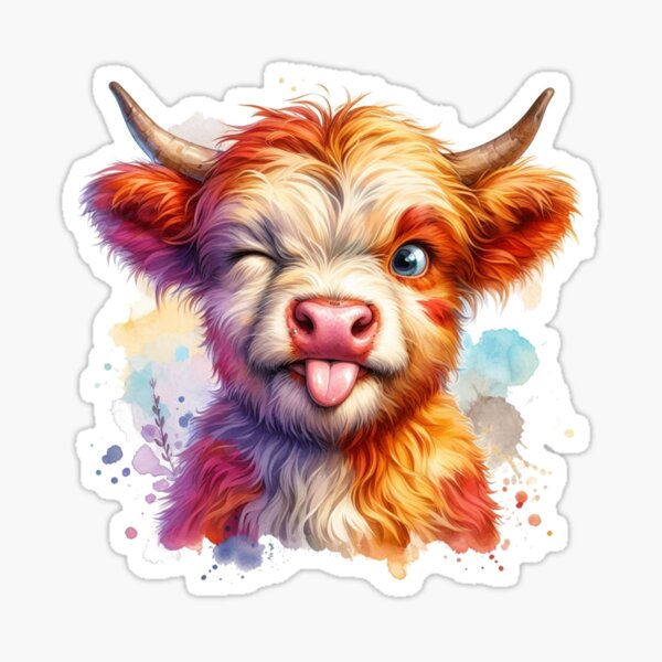 Item preview, Cute Scottish Baby Highland Cow Calf Pulling Funny Faces Colorful Watercolor designed and sold by MaedK.