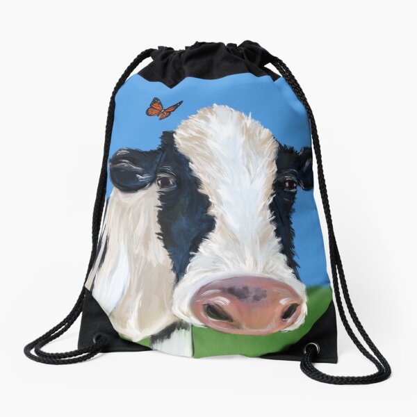Cow With Pesky Butterflies Drawstring Bag