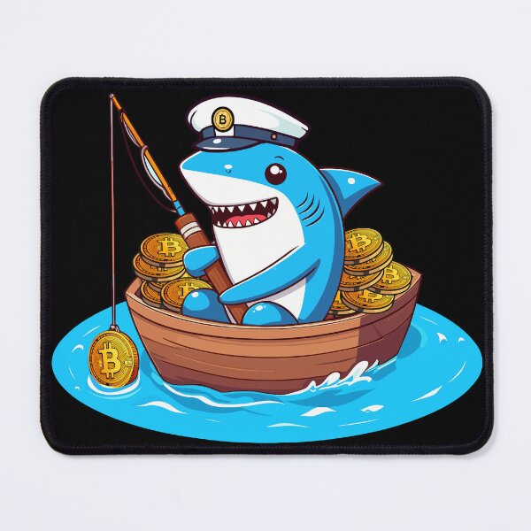 Item preview, a cute shark fishing for bitcoins designed and sold by CryptoFunMerch.