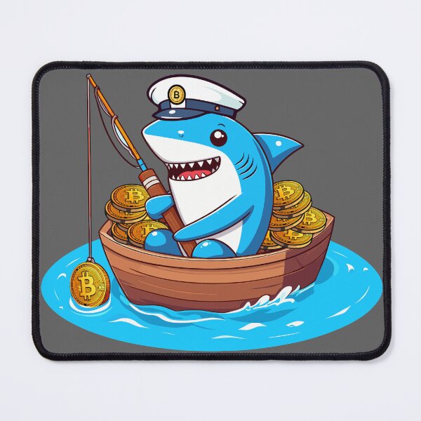 Item preview, a cute shark fishing for bitcoins designed and sold by CryptoFunMerch.