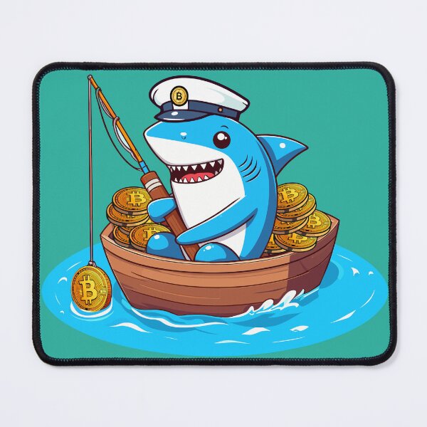 Item preview, a cute shark fishing for bitcoins designed and sold by CryptoFunMerch.