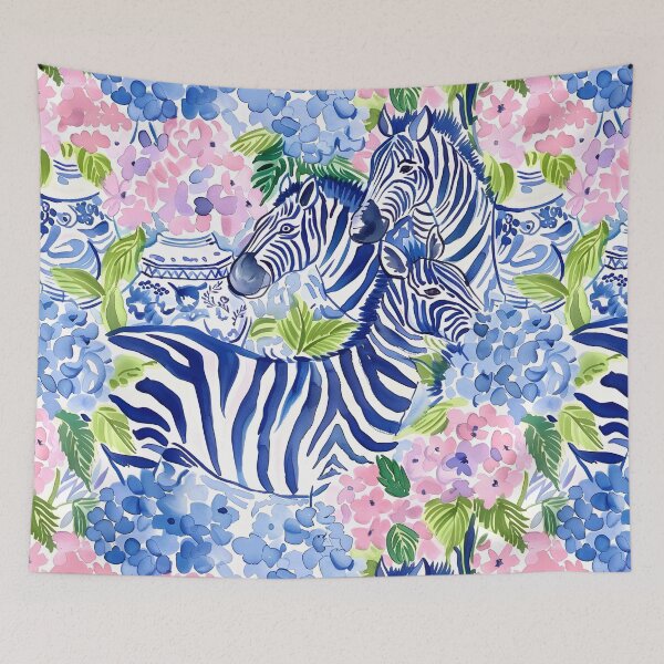 Item preview, Hydrangea in chinoiserie jars and blue zebras designed and sold by SophieClimaArt.