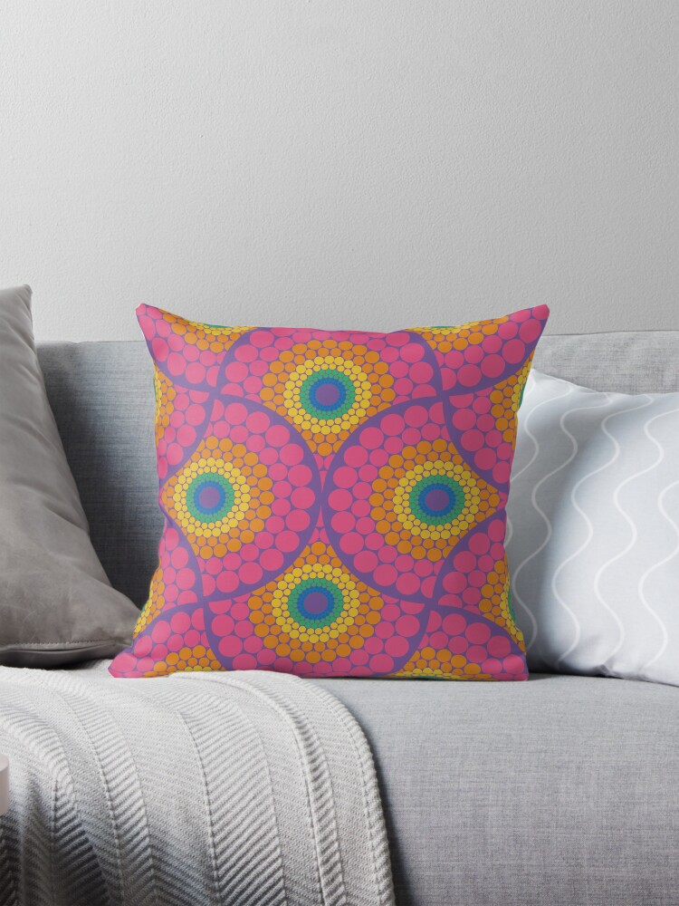 Pillow, Radiant Maximalist Rainbow Dot Mandala Art Deco Fan designed and sold by Triplicate Limited