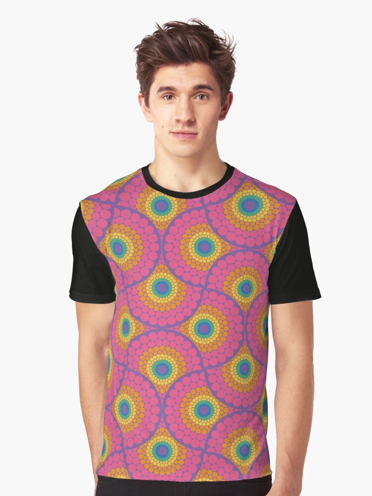 Graphic T-Shirt, Radiant Maximalist Rainbow Dot Mandala Art Deco Fan designed and sold by Triplicate Limited