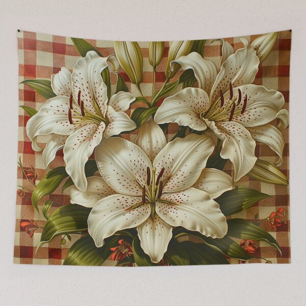 Item preview, Vintage Red Gingham and White Easter Lilies Pattern  designed and sold by HollywoodInked.
