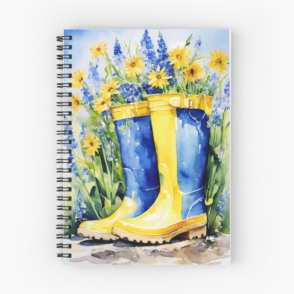 Item preview, watercolor of yellow rainboots stuffed with vibrant flowers, spring time,  designed and sold by soulfulpalette.