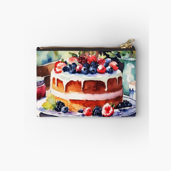 Item preview, watercolor of a yummy decadent cake toppled with fruit designed and sold by soulfulpalette.