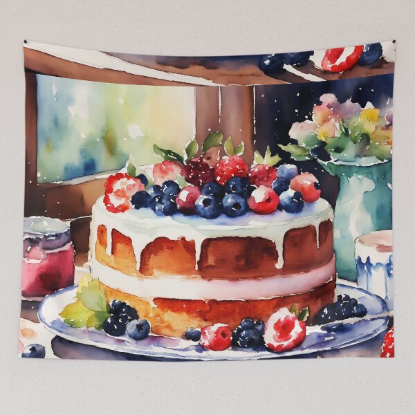 Item preview, watercolor of a yummy decadent cake toppled with fruit designed and sold by soulfulpalette.