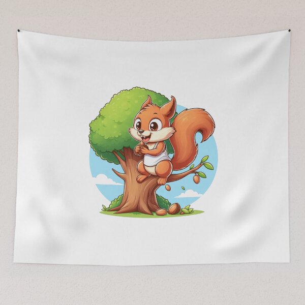 Item preview, cartoon of a squirrel wearing a t-shirt eating nuts on a tree designed and sold by MzulhilmiZam.