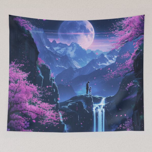 Item preview, Enchanted Glow: Japanese Neon Fantasy Unfolds by the Reflective Waters of the Mountain Lake, Creating a Scene of Surreal Beauty designed and sold by Mullet Monkey.