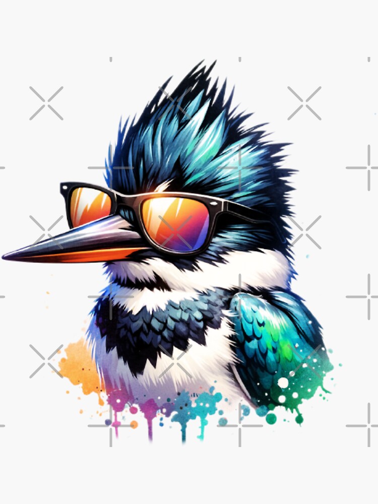 Watercolor Belted Kingfisher Wearing Sunglasses