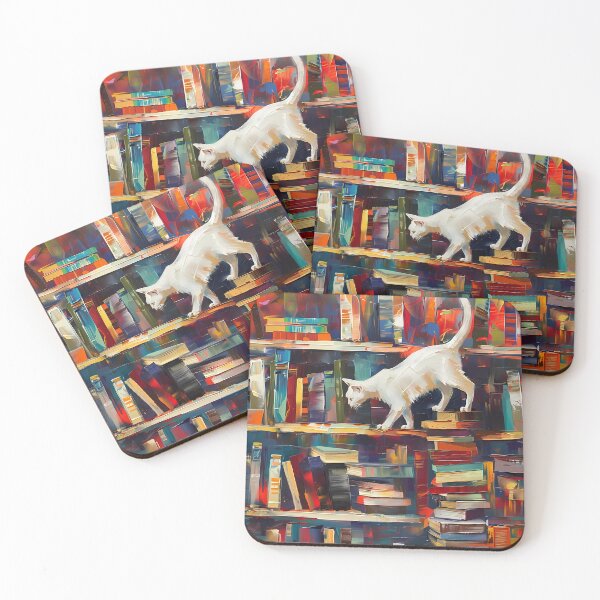 Item preview, White cat in the library - walking designed and sold by sakurashorty.